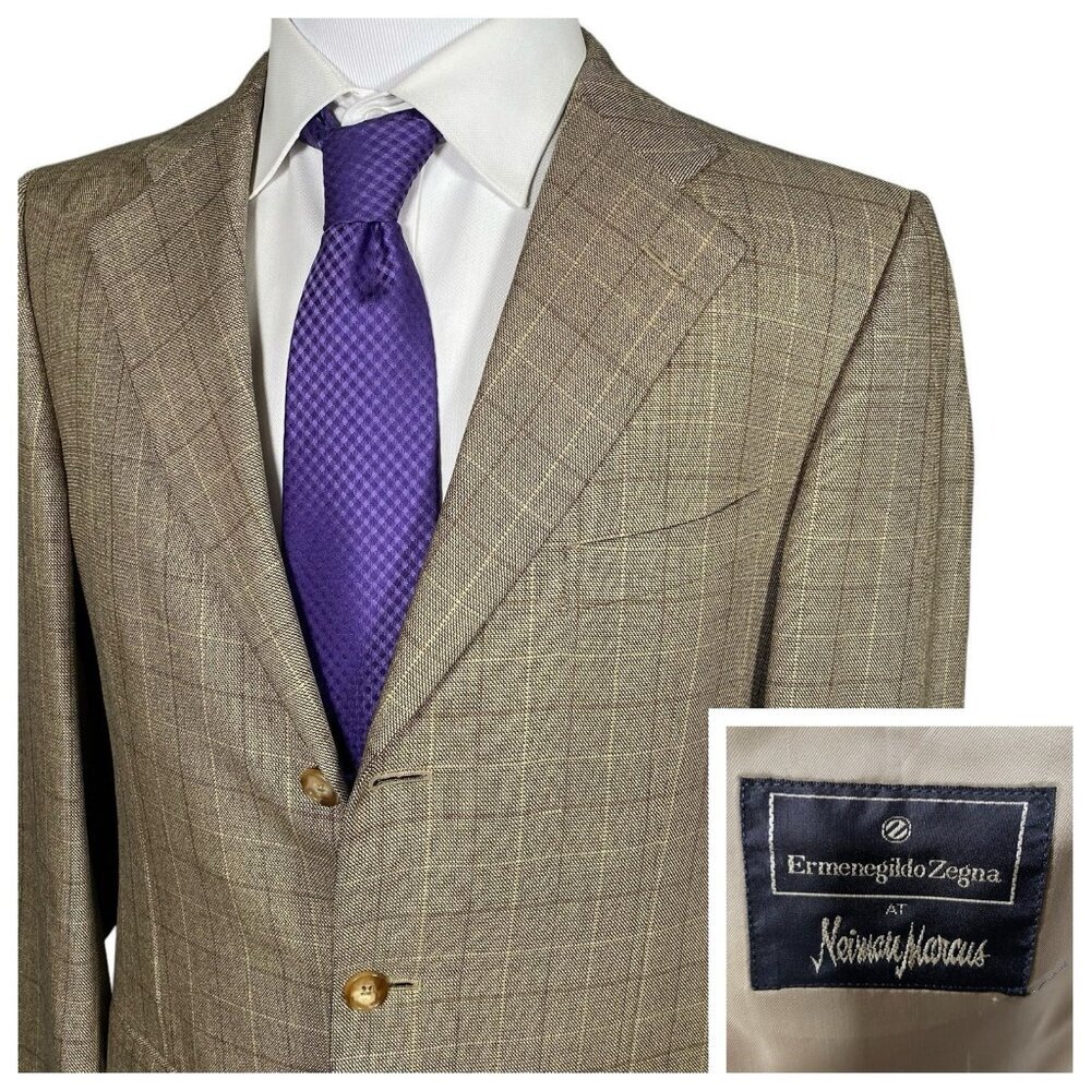 Ermenegildo Zegna Sport Coat 40 41R Silk & Wool Windowpane Check Greyish Tan